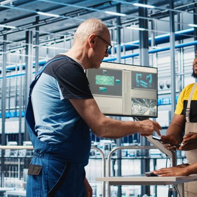 Experienced team leader doing induction to new trainees in industry 4.0 photovoltaics plant. Senior engineer in smart solar panels factory teaching interns to maximize power generation, camera A